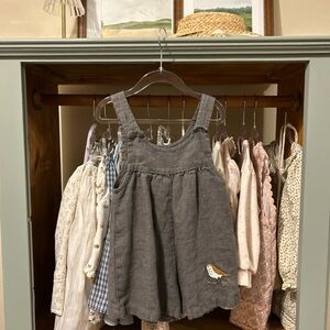 Le Petite Alice Linen Gray Sleeveless Dress with Bird Patch